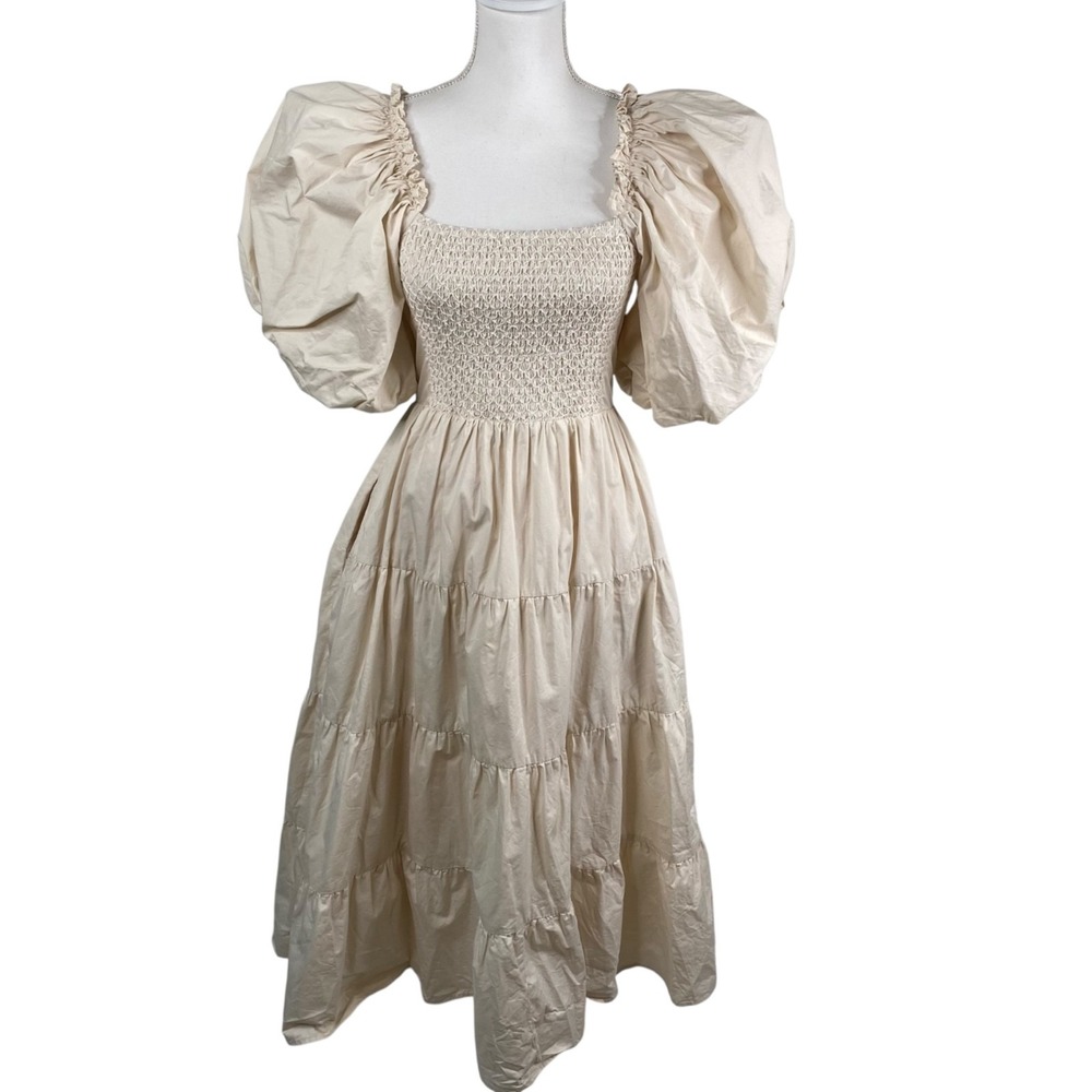 Zoco Scout Dress Puff Sleeves Smocked Tiered Cream Size S Milkmaid Coquette